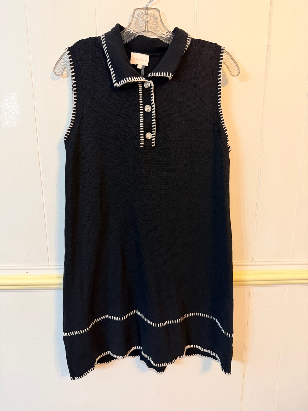 entro Women's Black Sleeveless Knit Polo Dress with White Contrast Trim